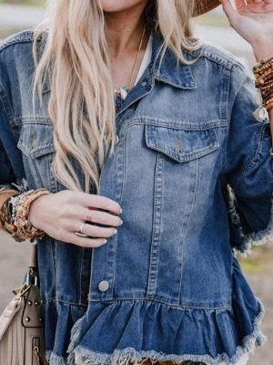 Orilen Women’s Ruffled Short Sleeve Loose Denim Jacket