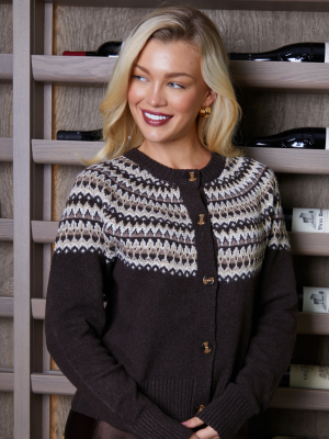 Orilen Women's Cozy Chocolate Brown Fair Isle Knit Crew Neck Cardigan Sweater