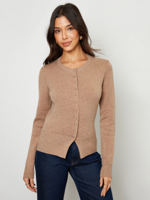 Orilen Women's Beige Crew Neck Compact Knitted Cardigan