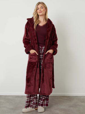 Orilen Women's Berry Red Soft Faux Fur Trim Dressing Gown