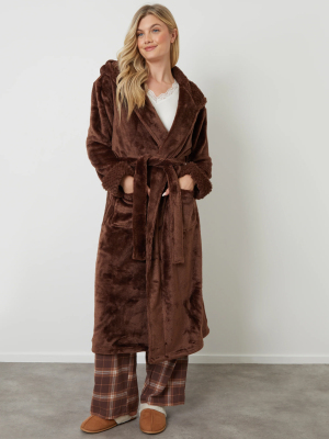 Orilen Women's Chocolate Brown Soft Faux Fur Trim Dressing Gown